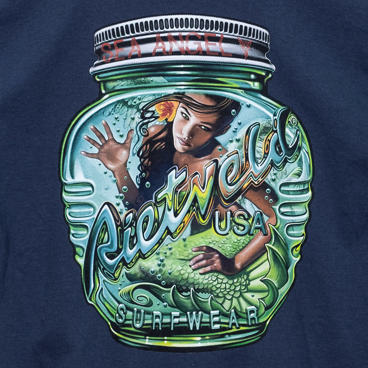 Magic bottle surf art t-shirt in Blue from Rick Rietveld, Californian surf artist.