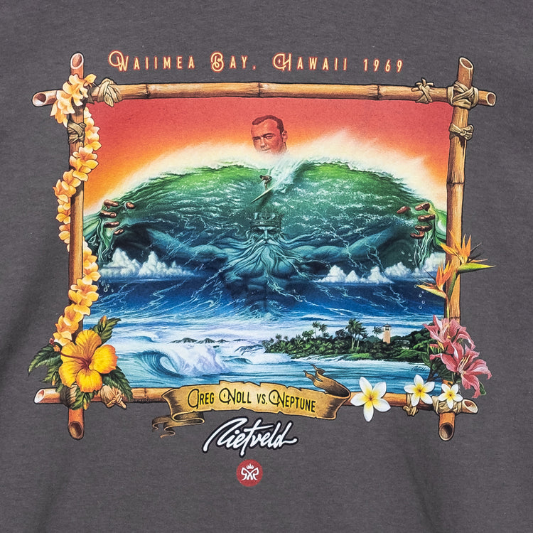 Surf god meets god of the sea in this iconic print, Noll v's Neptune from Rick Rietveld. Mens graphical Californian surf art t-shirt.