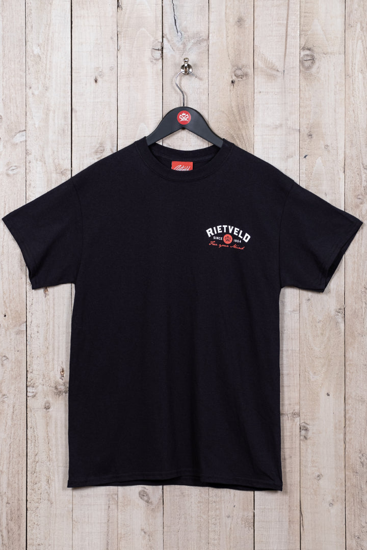 Mens black surfing t-shirt featuring a graphical design on the rear by Rick Rietveld.