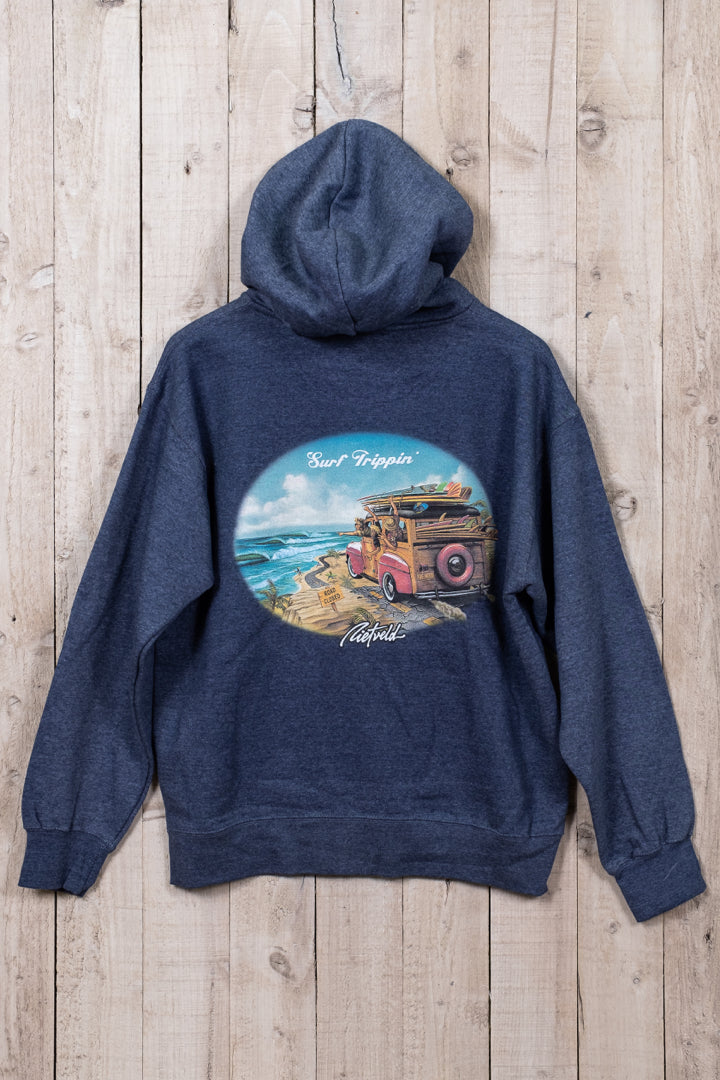 Surf trippin hoodie in blue from Rick Rietveld, Californian Surf artist.