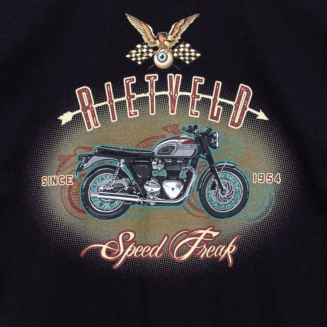 Speed Freak graphics for a mens black t-shirt by Californian Surf Artist, Rick Rietveld.
