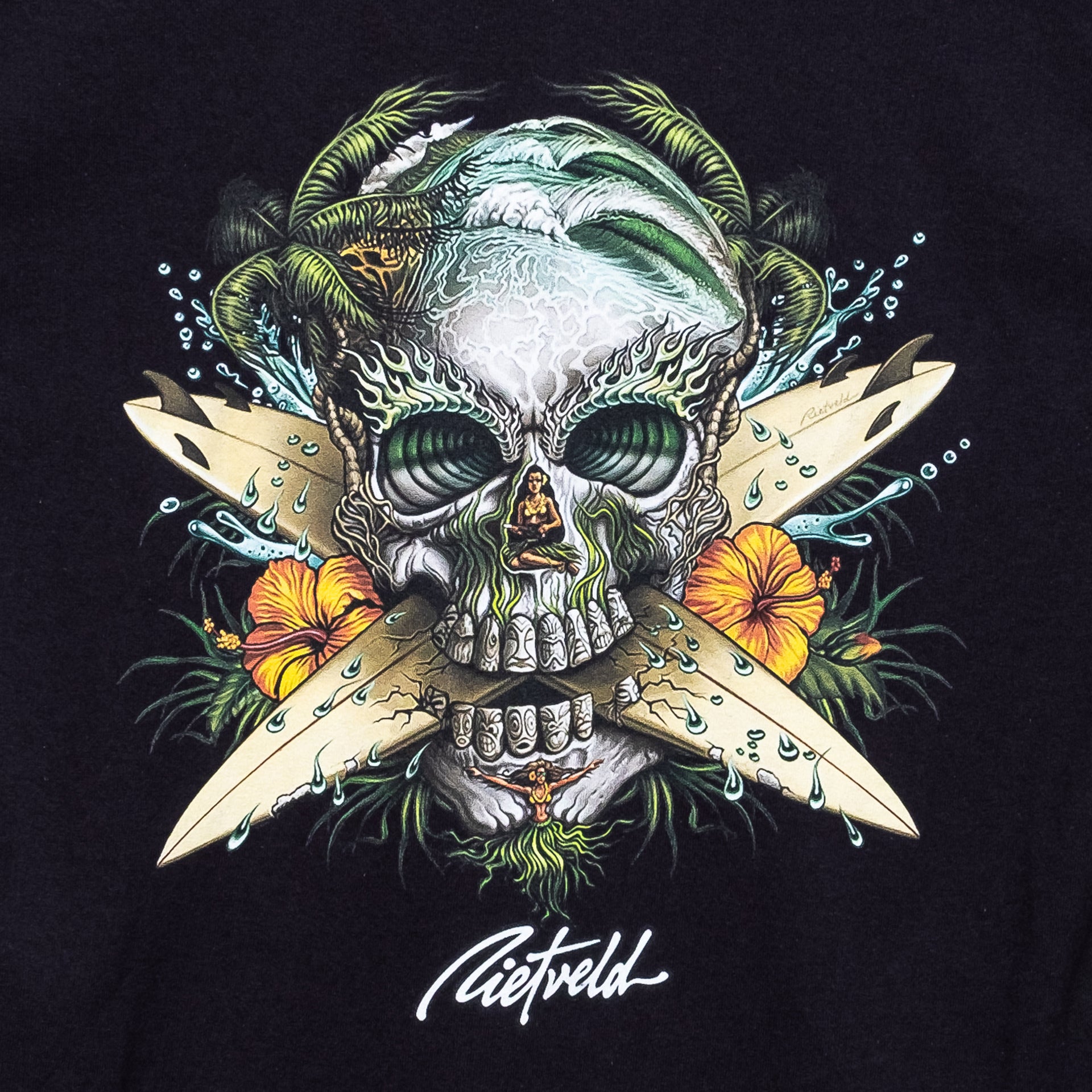 Surf Skull design on a mens black t-shirt from Rick Rietveld, Californian Surf Artist.