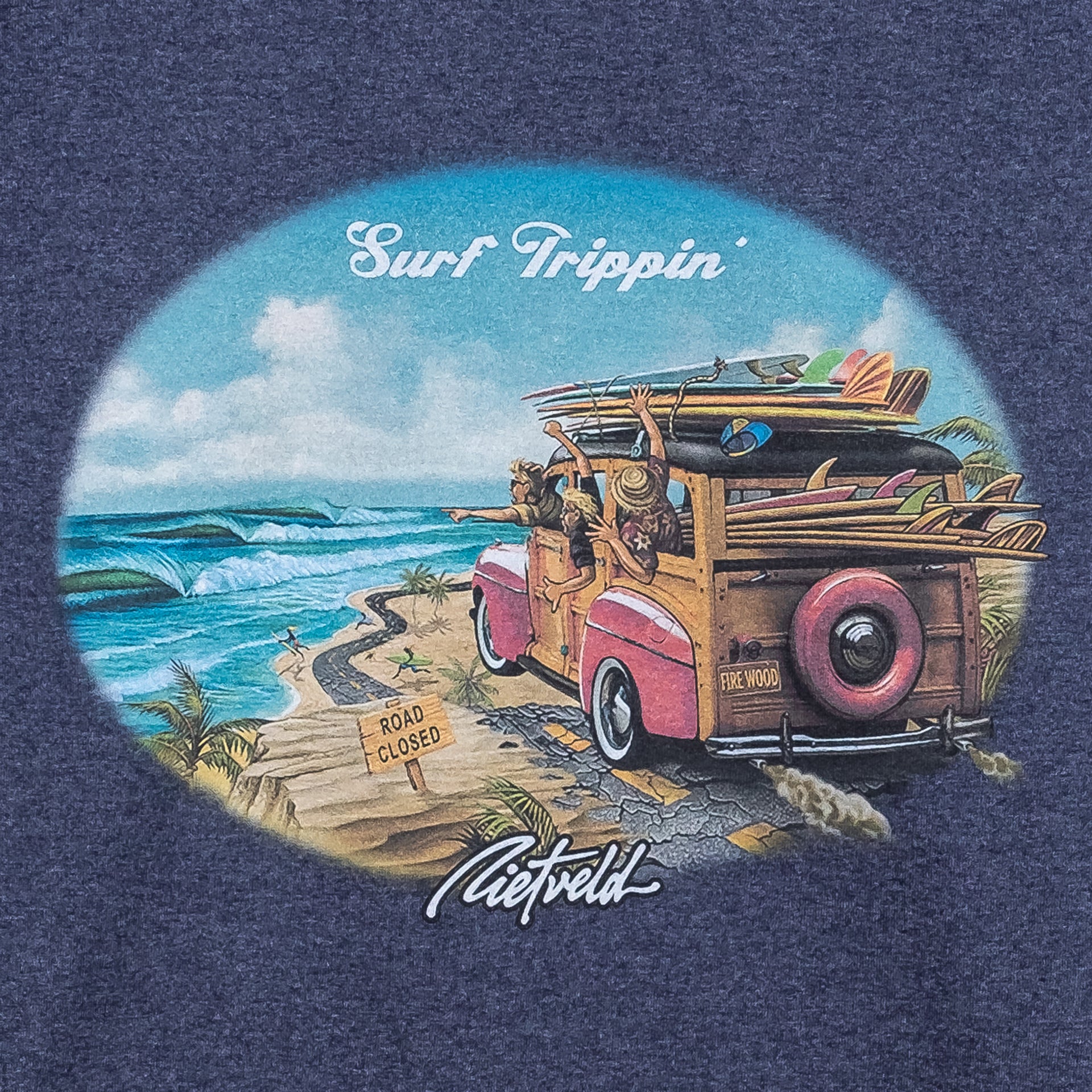 Surf Trippin graphic for mens blue surf t-shirt. By Rick Rietveld, Californian Surf artist.