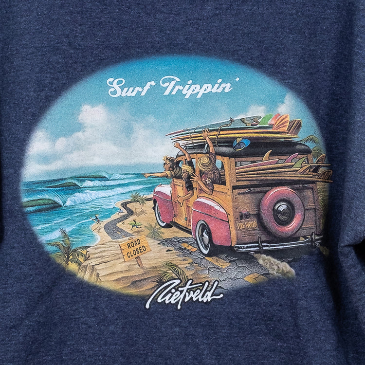 Surf Trippin graphic by Rick Rietveld on blue mens zip thru hoodie.